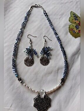 Slate Blue Iris Crystal and Pearl Necklace with Filigree Pendant & Earrings Set